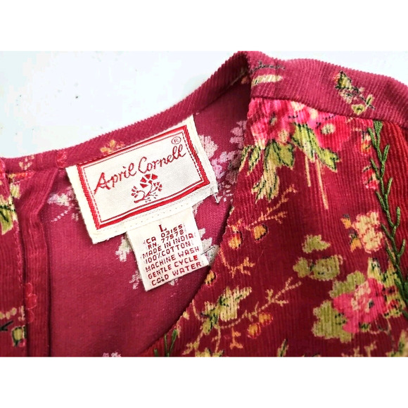 Vintage April Cornell ~Woman Size L~ Red Floral Corduroy Sleeveless Dress Pocket - Picture 4 of 9